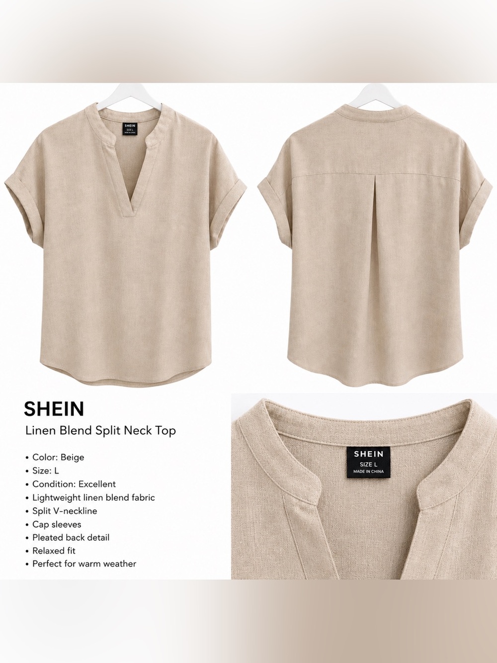 SHEIN Beige Short Sleeve Split-Neck Linen-Blend Tunic